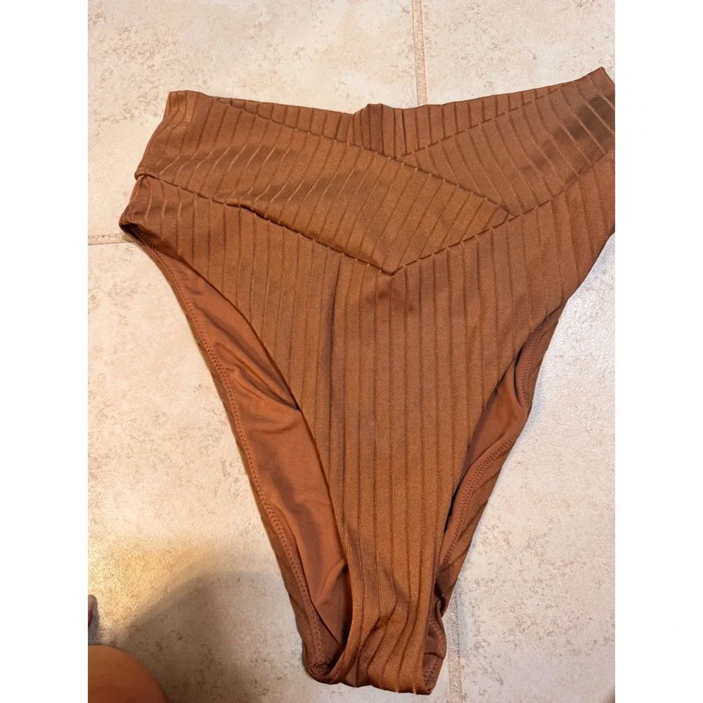 Aerie Ribbed Bikini Set Brown Keyhole Tie Front High Waist Cheeky Medium